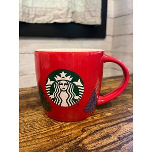 Starbucks Red Holiday Mug 18 Oz Featuring Evergreen Trees